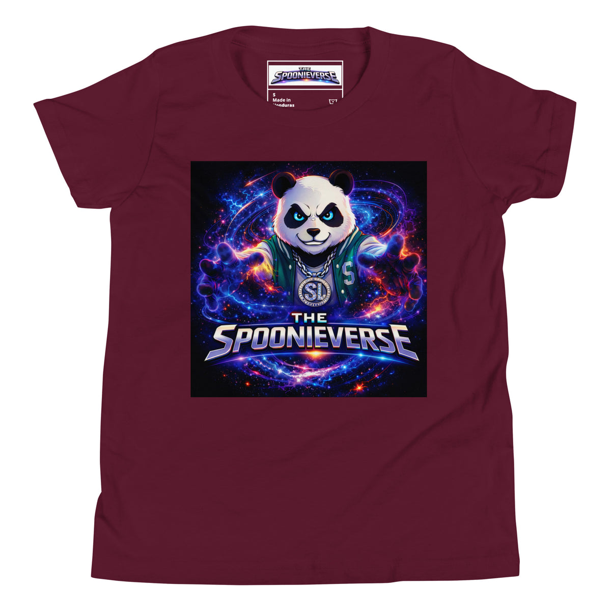 Front view of Spoonieverse logo youth graphic T-shirt Maroon