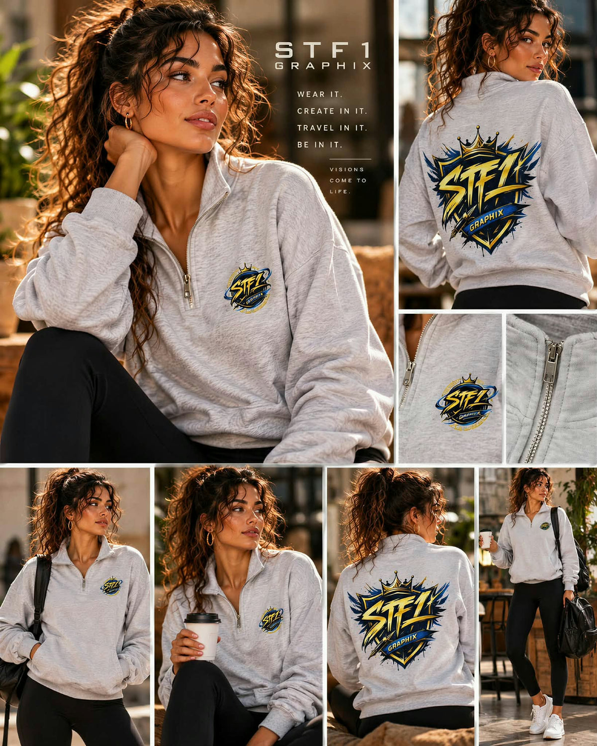 Feli modeling the Heather Grey STF1 Graphix quarter-zip sweatshirt in a collage showing front and back logo details.