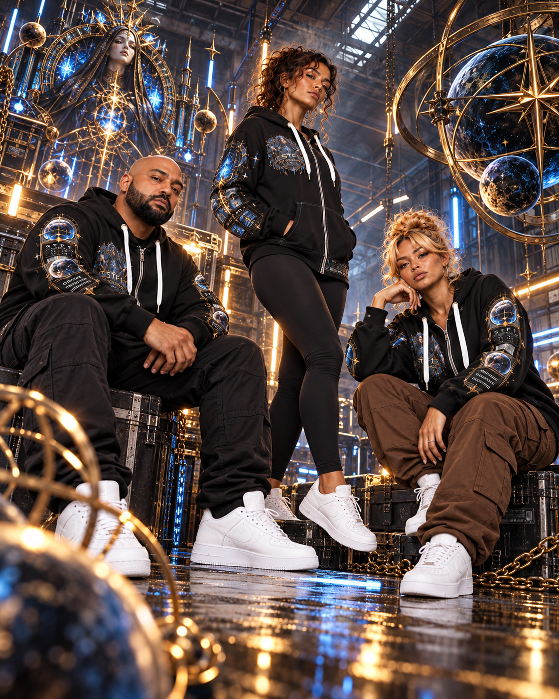 Spoon, Feli, and Stephany posing in Afterimage 002 hoodies in an industrial setting with gold light trails.