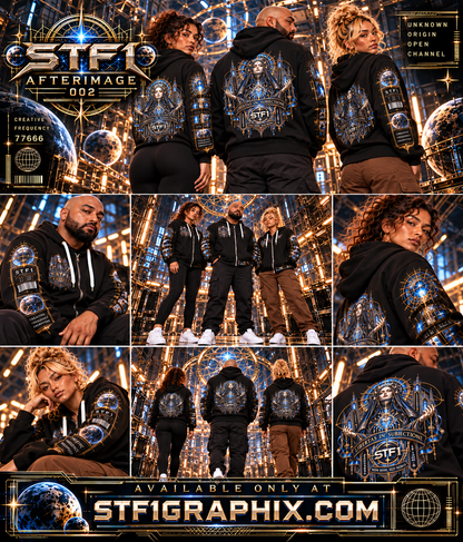 Afterimage 002 campaign collage featuring Spoon, Feli, and Stephany with garment details and STF1 Graphix branding.