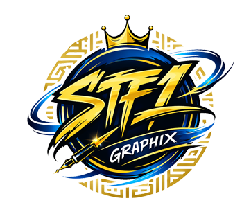 A stylized graphic logo reading 'STF1 GRAPHIX' with a gold crown, blue and black circular background, gold geometric border, and a gold-and-black paintbrush motif on a white field.