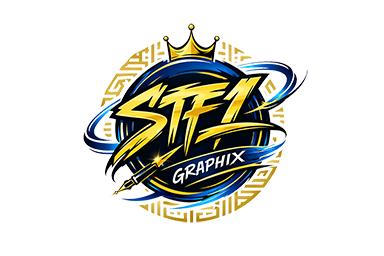 STF1 Graphix round logo with bold yellow and blue lettering, gold crown, globe, and ink pen rocket orbiting the emblem