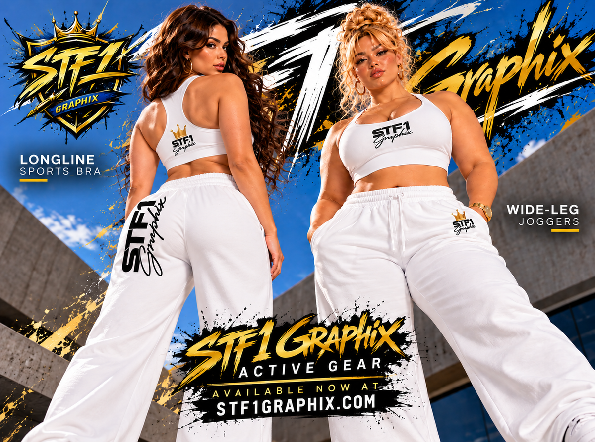 Candy and Stephany modeling the white STF1 Graphix sports bra and wide-leg joggers set in a low-angle front and rear view.