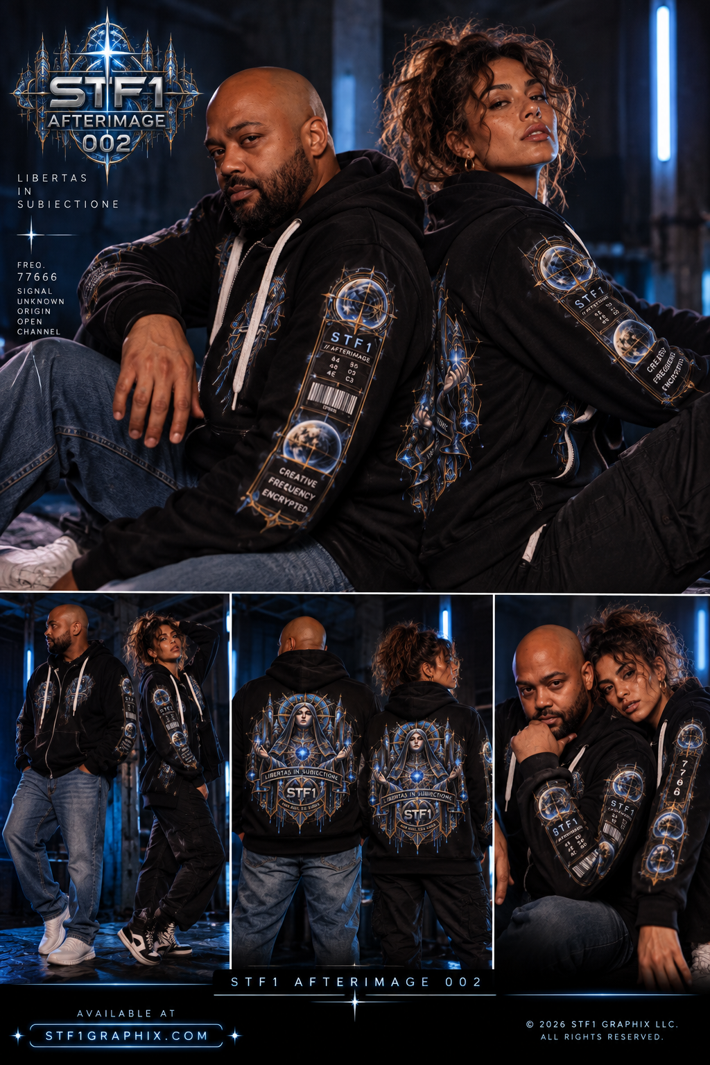 Multi-panel warehouse campaign featuring Spoon and Feli wearing Afterimage 002 hoodies.
