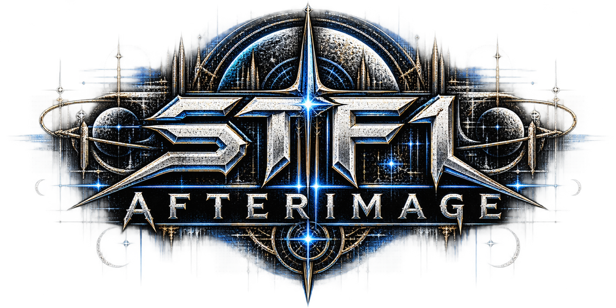 A stylized metallic logo reading 'STEF' with 'AFTERIMAGE' beneath it, rendered in silver and blue with glowing star-like accents on a white background.