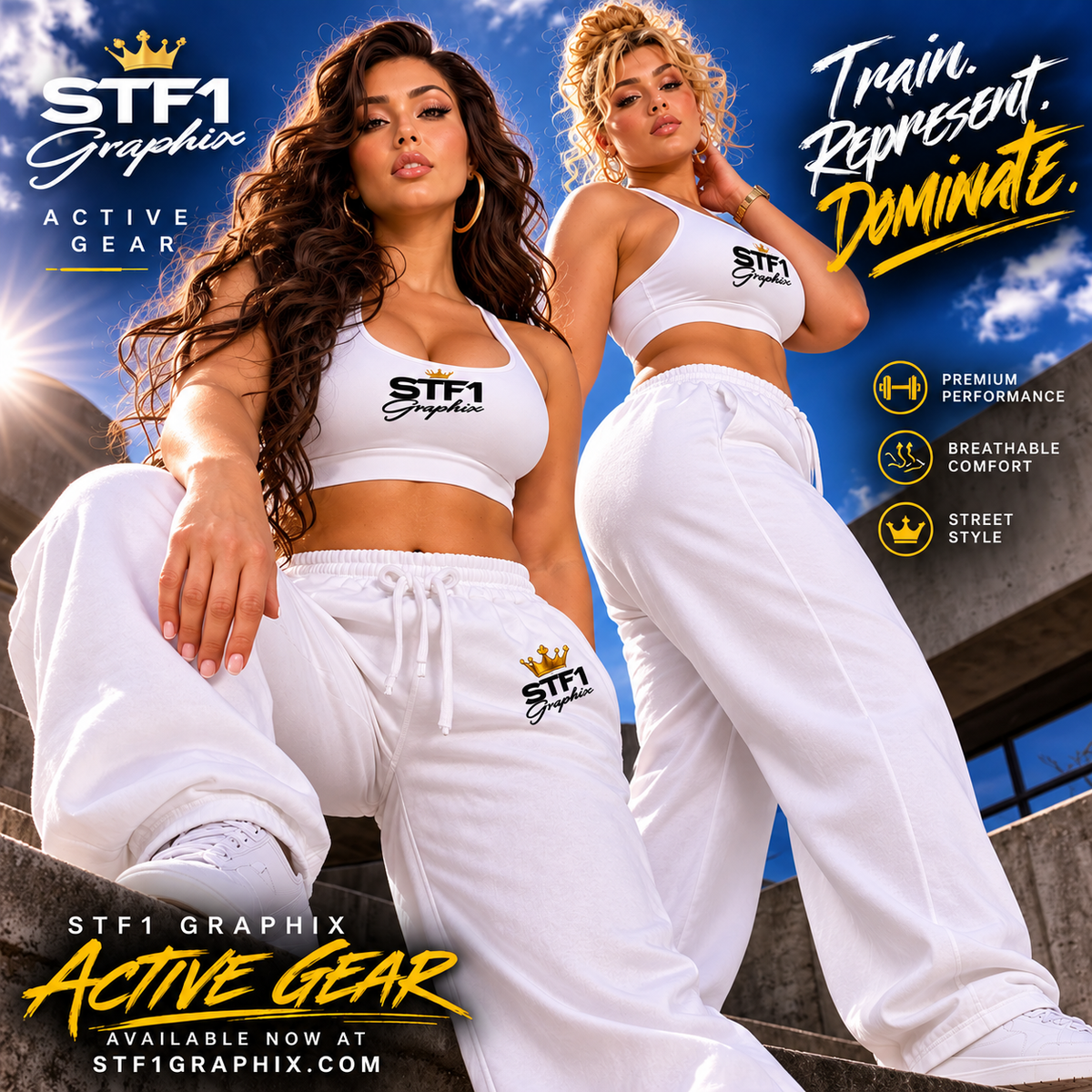 Two models, Candy and Stephany posing in matching white STF1 Graphix sports bras and wide-leg joggers.