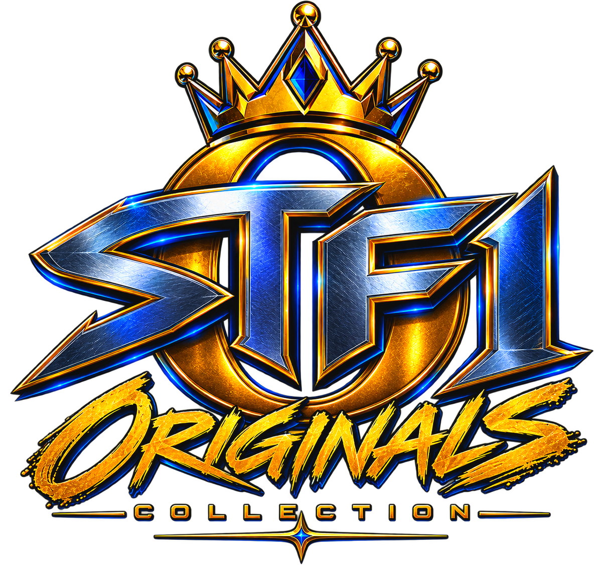 A stylized metallic logo reading 'STF1 Originals Collection' with a large gold and blue crown above bold chrome lettering and a gold script word 'Originals' on a black background.