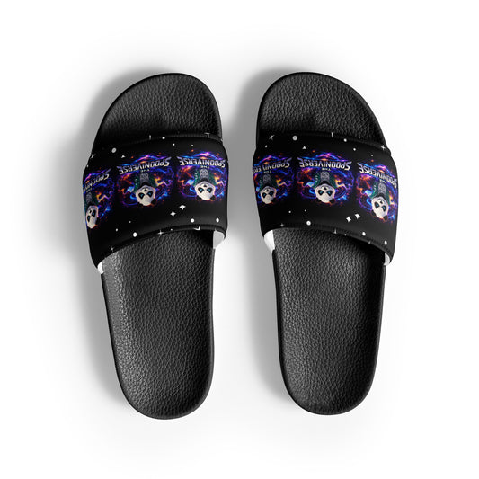 Top view of black Spoonieverse women's slides with star print