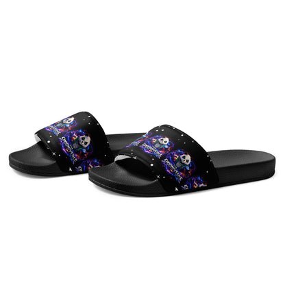 Side view of black Spoonieverse star print slides