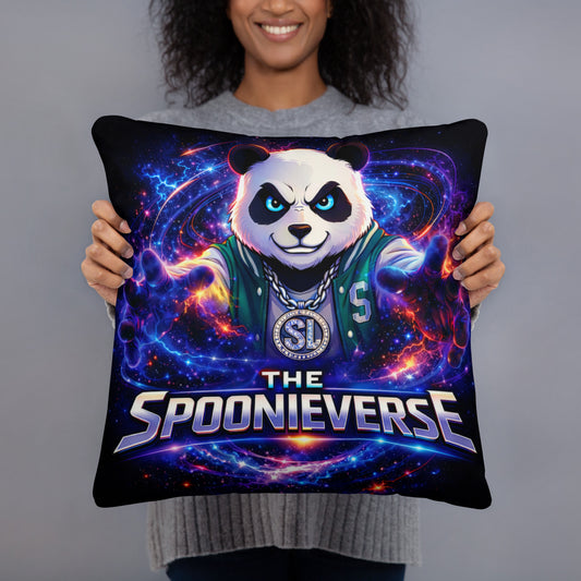 Spoonieverse 18x18 pillow with STF1 Graphix logo, close up of Spooniverse Logo Front side