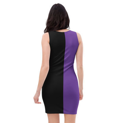 Back view of Bound Black & Purple Bodycon Dress with vertical black and purple split panels on model