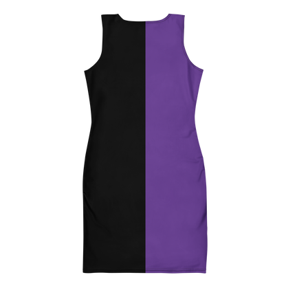 Back view of Bound Black & Purple Bodycon Dress with vertical black and purple split panels