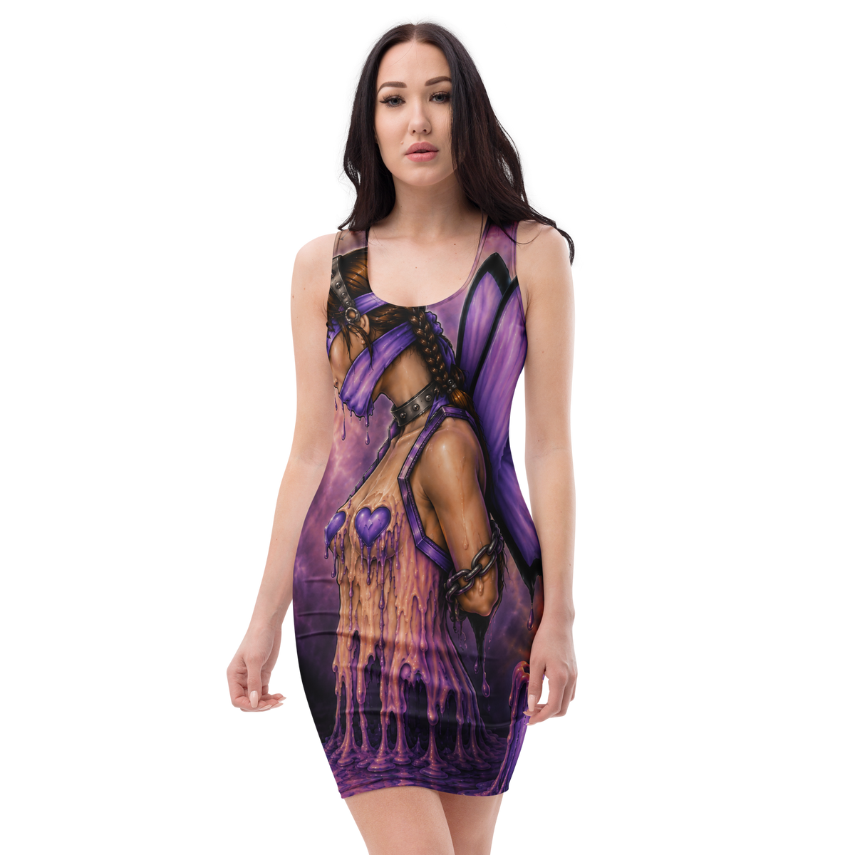 Front view of Bound Black & Purple Bodycon Dress featuring original Bound artwork on model