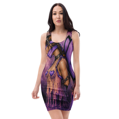 Front view of Bound Black & Purple Bodycon Dress featuring original Bound artwork on model