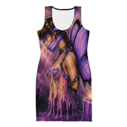 Front view of Bound Black & Purple Bodycon Dress featuring original STF1 Graphix artwork