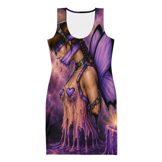 Front view of Bound Black & Purple Bodycon Dress featuring original STF1 Graphix artwork