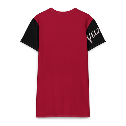 Back view of Velzara Triumph Red Cotton T-Shirt Dress with black sleeve accents and graphic lettering
