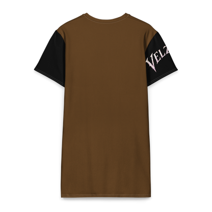 Back view of Velzara Triumph Brown Cotton T-Shirt Dress featuring the brown colorway