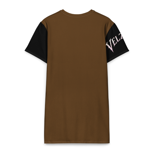 Back view of Velzara Triumph Brown Cotton T-Shirt Dress featuring the brown colorway
