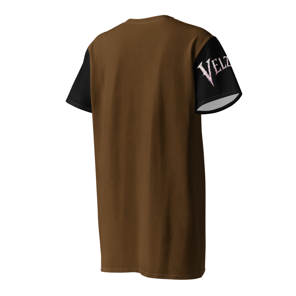 Angled back view of Velzara Triumph Brown Cotton T-Shirt Dress by STF1 Graphix