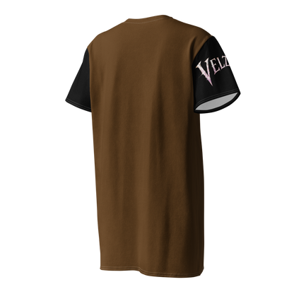 Angled back view of Velzara Triumph Brown Cotton T-Shirt Dress by STF1 Graphix