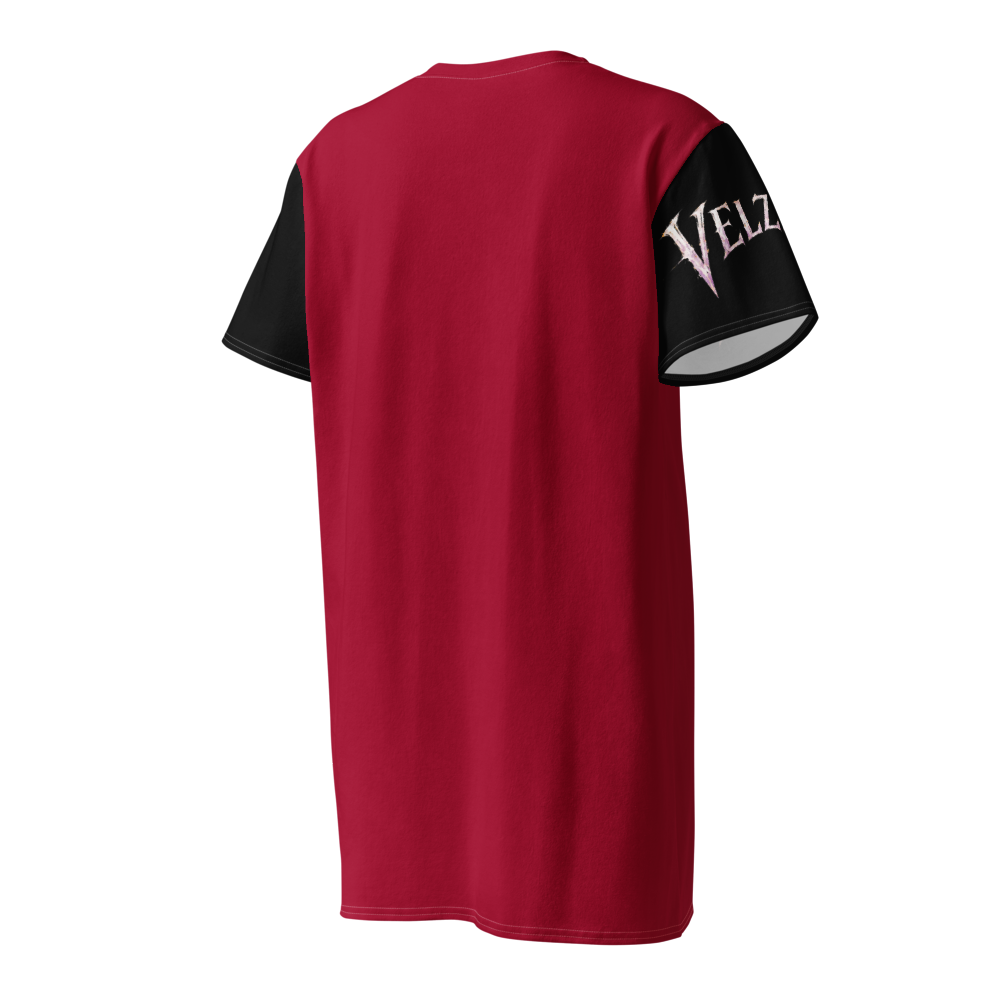Angled back view of Velzara Triumph Red Cotton T-Shirt Dress by STF1 Graphix