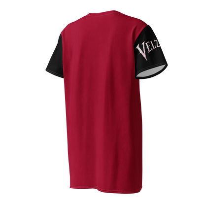 Angled back view of Velzara Triumph Red Cotton T-Shirt Dress by STF1 Graphix