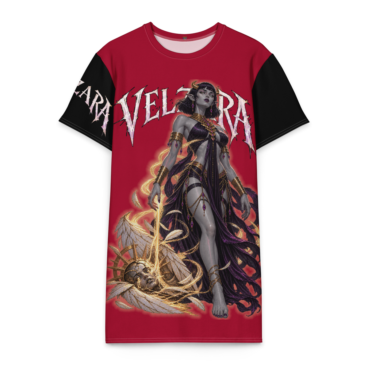 Front view of Velzara Triumph Red Cotton T-Shirt Dress featuring original STF1 Graphix artwork