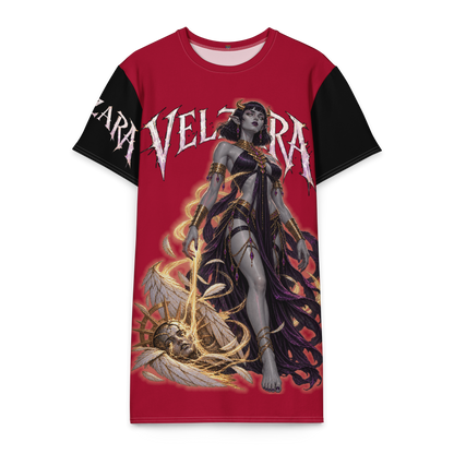 Front view of Velzara Triumph Red Cotton T-Shirt Dress featuring original STF1 Graphix artwork