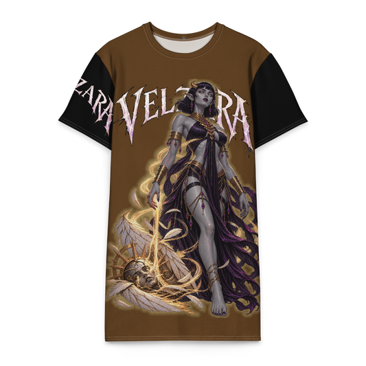 Front view of Velzara Triumph Brown Cotton T-Shirt Dress featuring original STF1 Graphix artwork