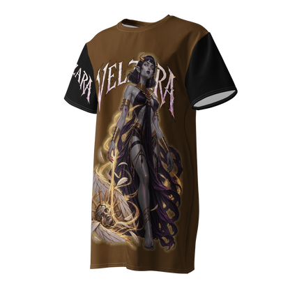 Angled front view of Velzara Triumph Brown T-Shirt Dress featuring dark fantasy character artwork