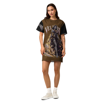 Velzara Triumph Brown Cotton T-Shirt Dress featuring original STF1 Graphix dark fantasy artwork