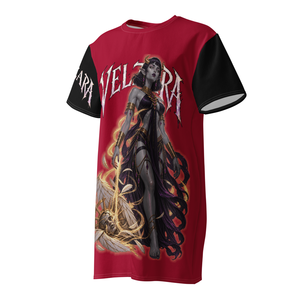 Angled front view of Velzara Triumph Red T-Shirt Dress featuring dark fantasy character artwork