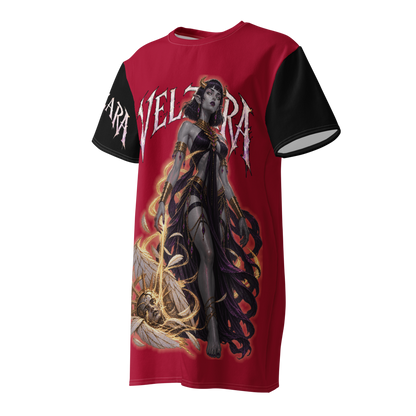 Angled front view of Velzara Triumph Red T-Shirt Dress featuring dark fantasy character artwork