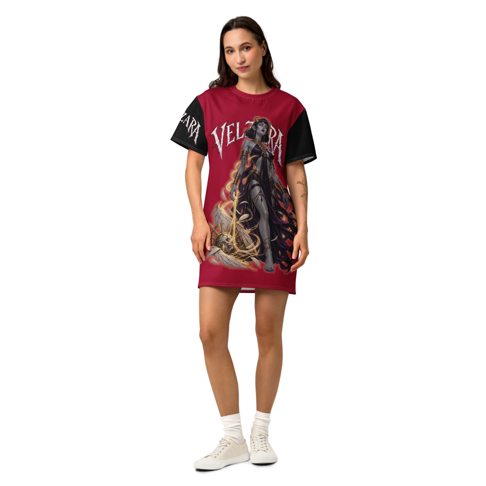 Velzara Triumph Red Cotton T-Shirt Dress featuring original STF1 Graphix dark fantasy artwork