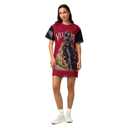Velzara Triumph Red Cotton T-Shirt Dress featuring original STF1 Graphix dark fantasy artwork