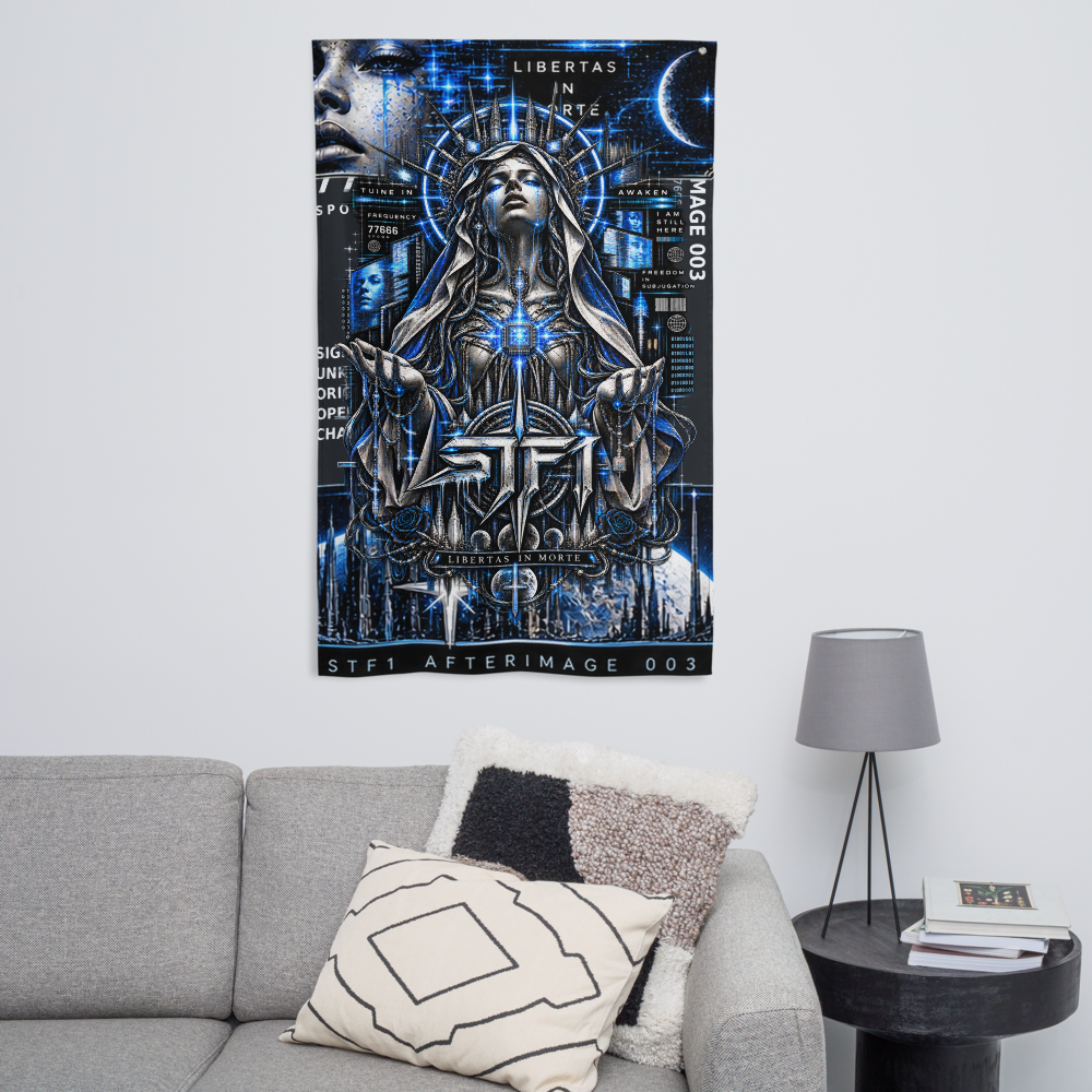 STF1 Afterimage 003 wall flag displayed vertically as blue and black cyber wall art