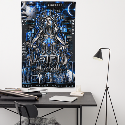 Afterimage 003 vertical wall flag displayed in a modern room with original STF1 Graphix artwork