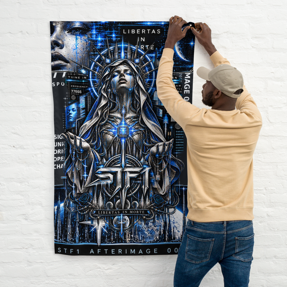 Person hanging STF1 Afterimage 003 wall flag featuring blue cyber-tech artwork