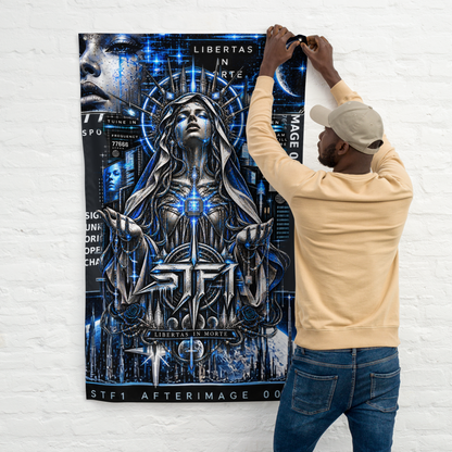 Person hanging STF1 Afterimage 003 wall flag featuring blue cyber-tech artwork