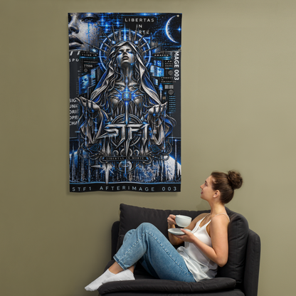 A woman sits in a dark armchair holding a white cup, with a large vertical poster or canvas hanging on the wall above her. The artwork features a blue-toned futuristic female figure with glowing eyes and text including 'STFT' and 'AFTERIMAGE 003'.