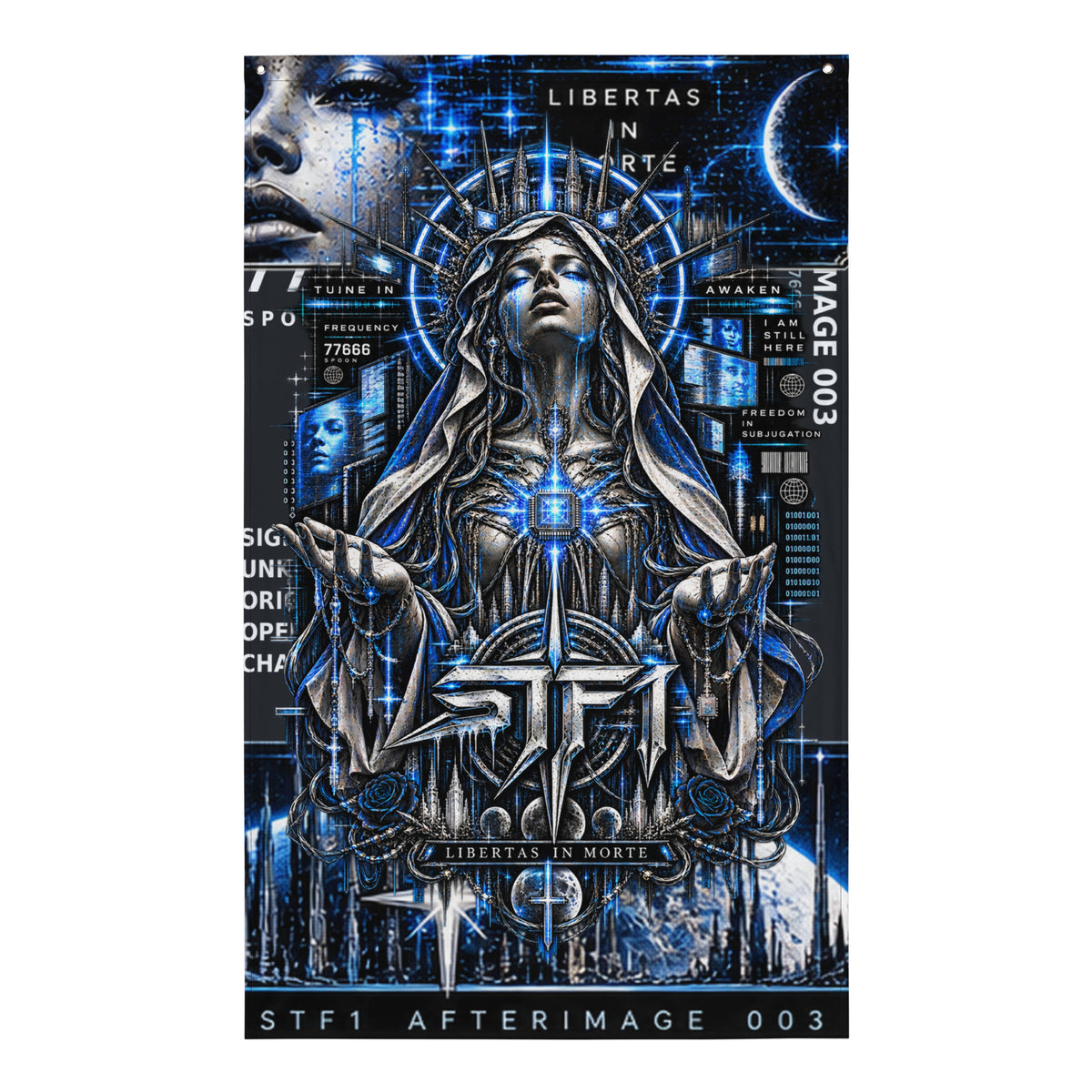STF1 Afterimage 003 wall flag with blue cybernetic artwork and coded digital graphics