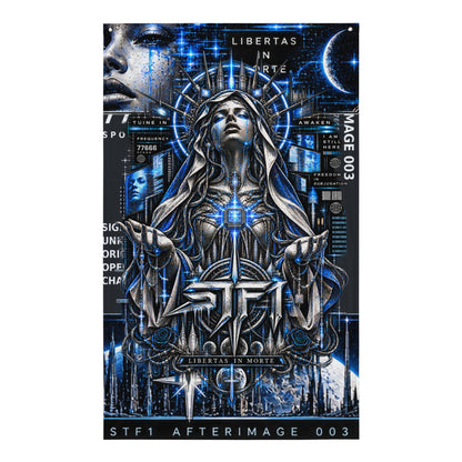 STF1 Afterimage 003 wall flag with blue cybernetic artwork and coded digital graphics