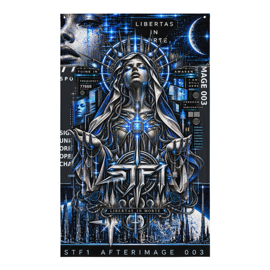 STF1 Afterimage 003 wall flag with blue cybernetic artwork and coded digital graphics