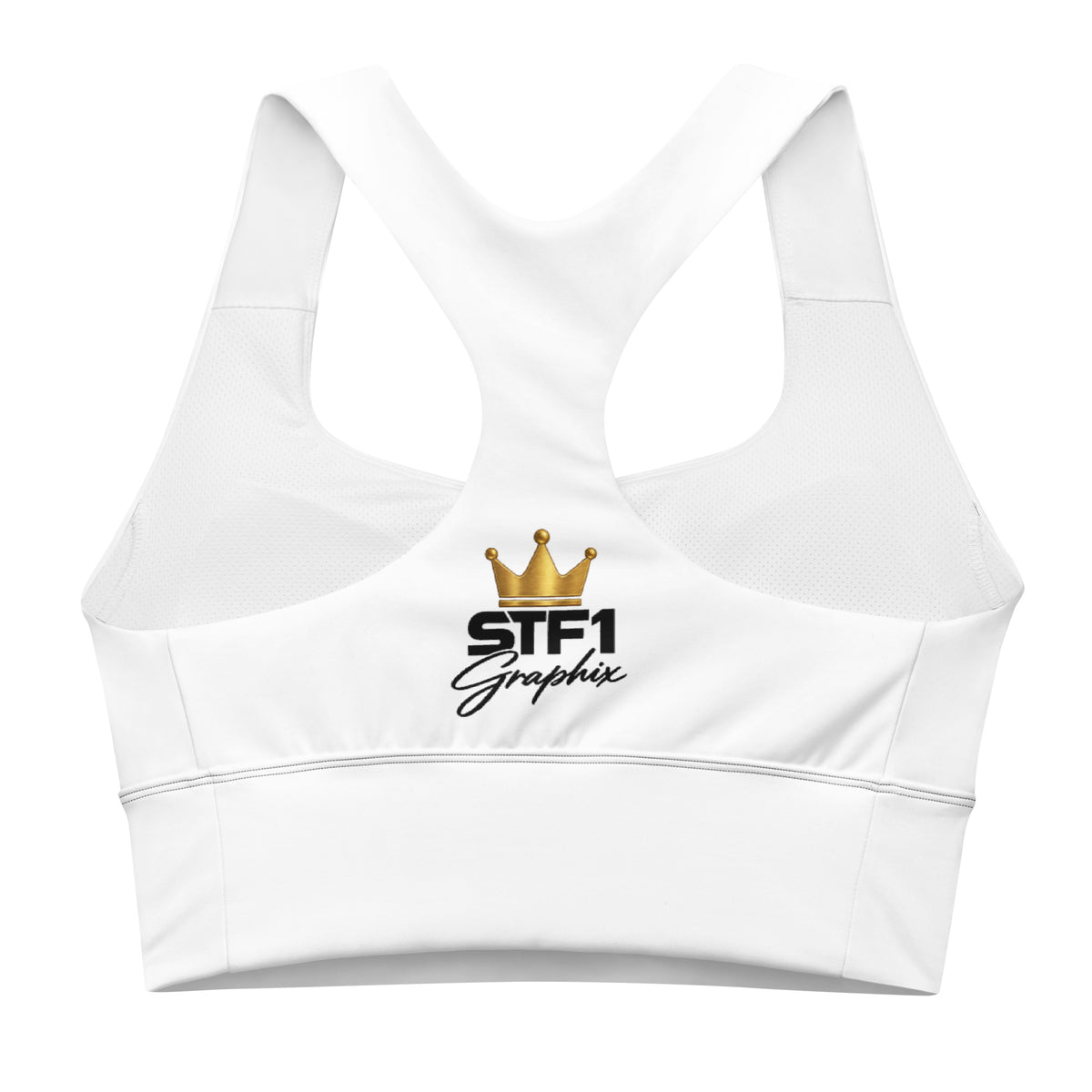 Back view of white STF1 Graphix longline sports bra with racerback straps and a small crowned logo.
