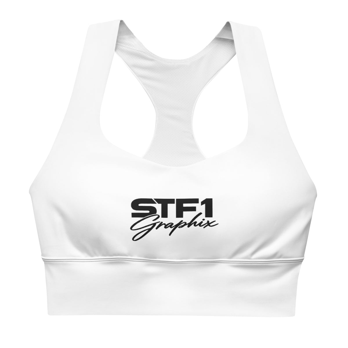 ProFront view of white STF1 Graphix longline sports bra with a black chest logo.duct mockup