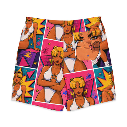 Back view of Donnah men’s board shorts featuring a colorful collage of character portraits.