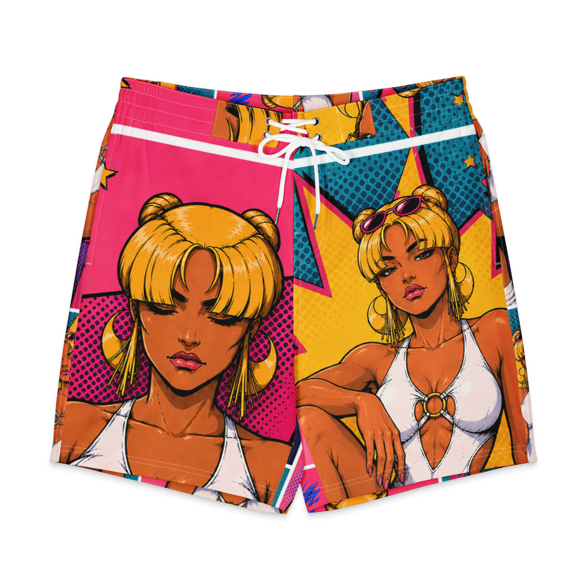 Front view of Donnah men’s board shorts with colorful 90s pop character artwork and a white drawstring.