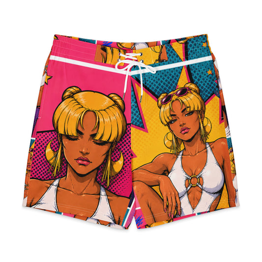 Front view of Donnah men’s board shorts with colorful 90s pop character artwork and a white drawstring.