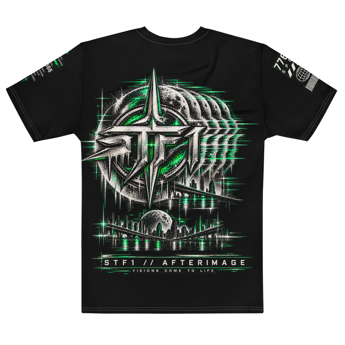 Back view of black STF1 Afterimage 001 T-shirt featuring large distorted signal artwork and technical markings
